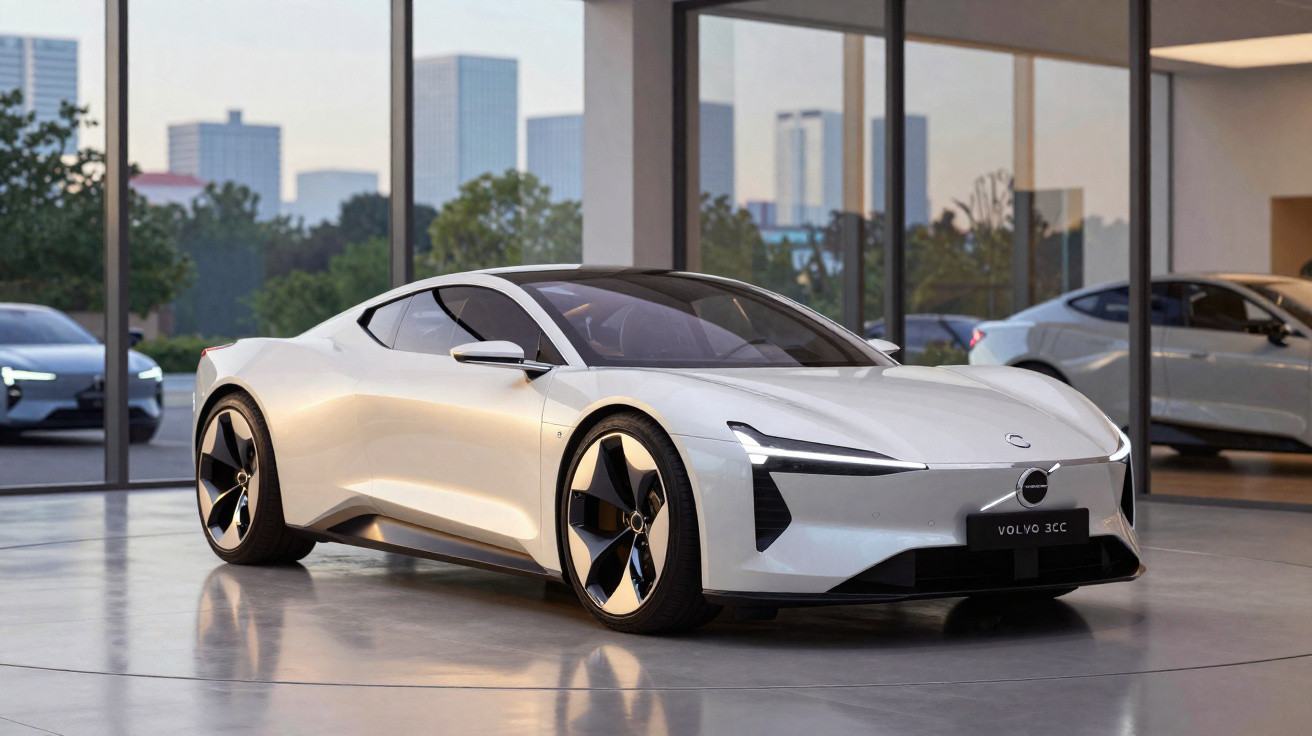 Carro desportivo elétrico branco Volvo 3CC com design moderno em ambiente interior com janelas grandes.