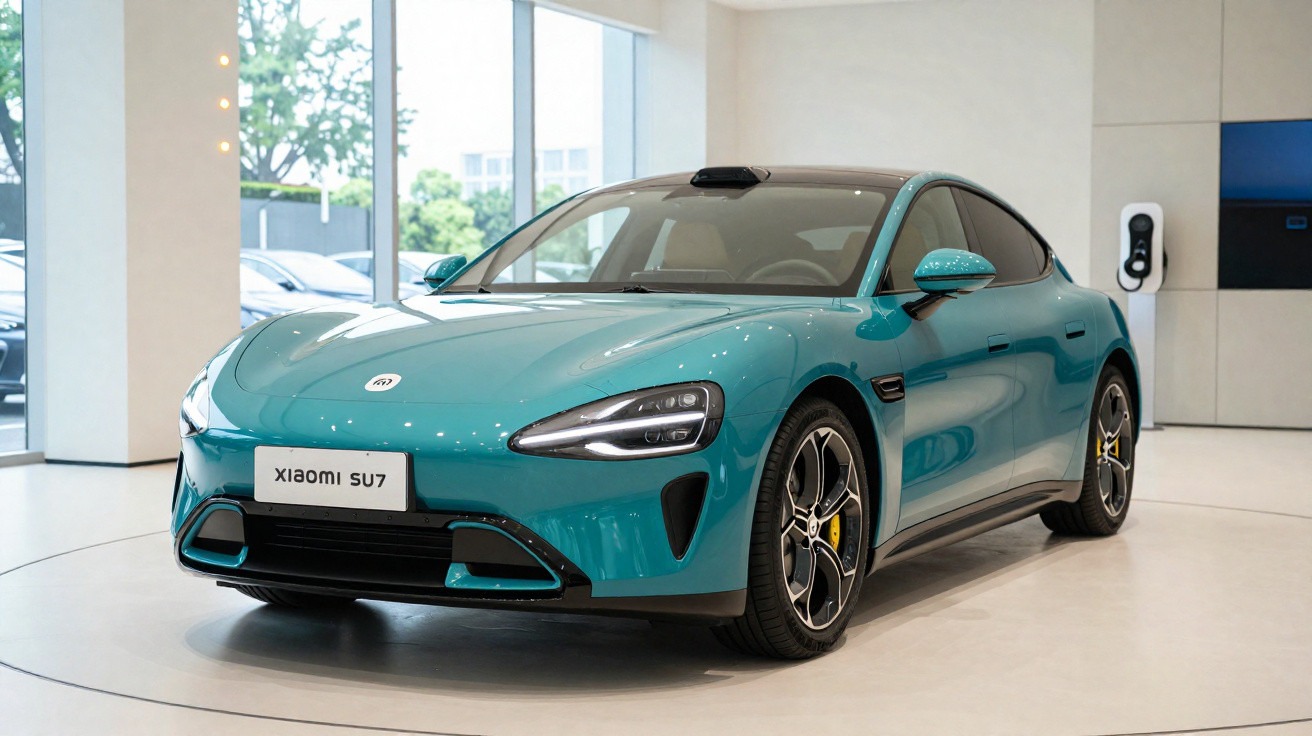 Carro elétrico Xiaomi SU7 azul em exposição numa sala moderna com carregador de parede.