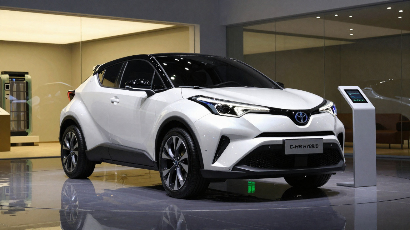 Carro híbrido branco Toyota C-HR em exposição numa sala moderna com chão espelhado.