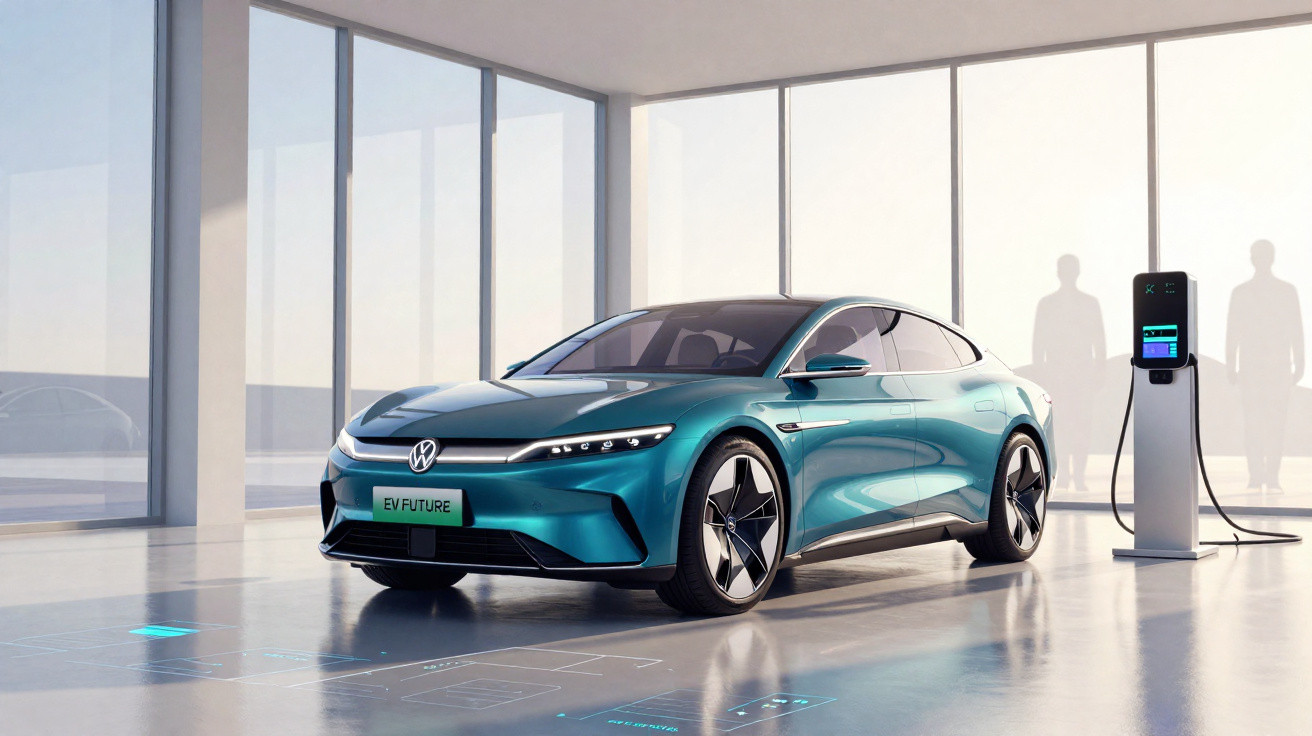 Carro elétrico Volkswagen EV Future azul a ser carregado numa estação de carregamento interior moderna.