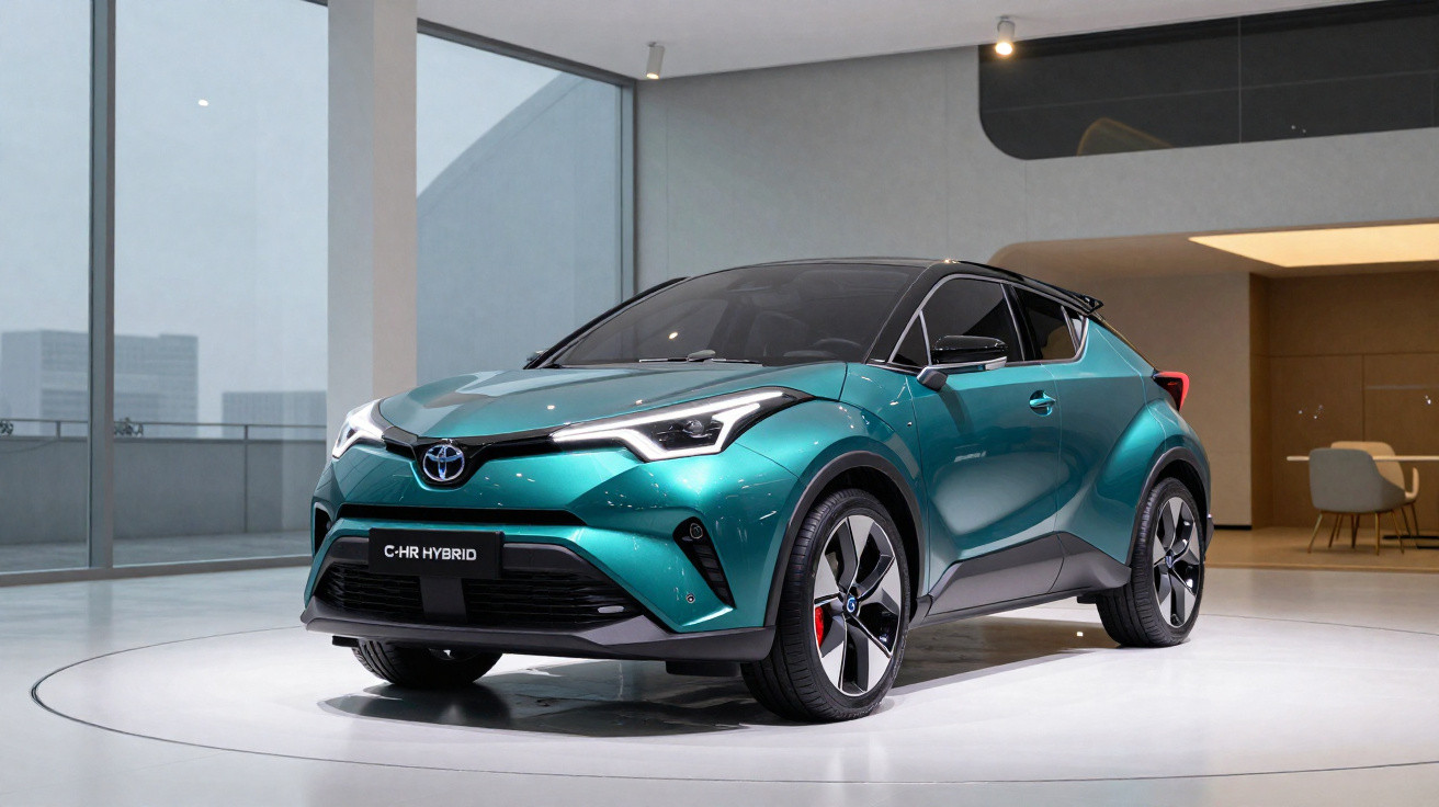 Toyota C-HR Hybrid cor verde metálico exibido num showroom moderno com iluminação branca.