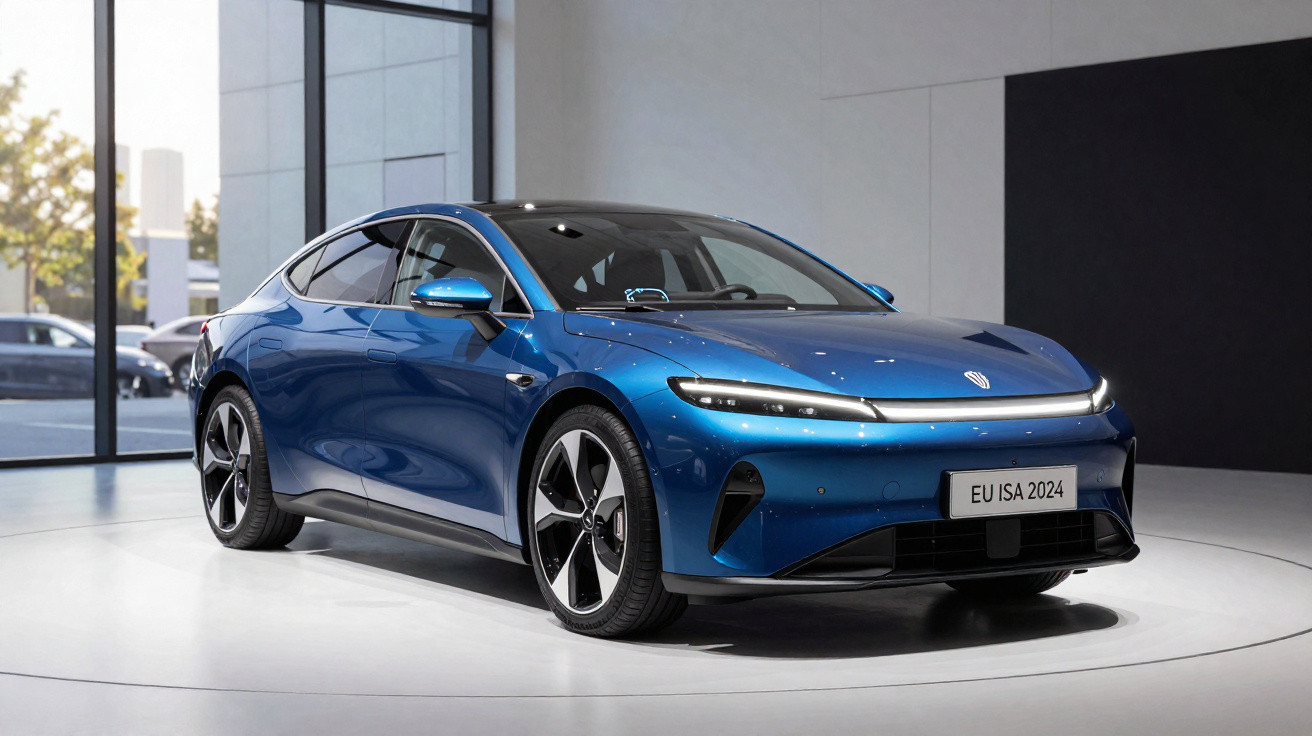 Carro elétrico azul metálico moderno apresentado numa sala com janelas amplas e luz natural.