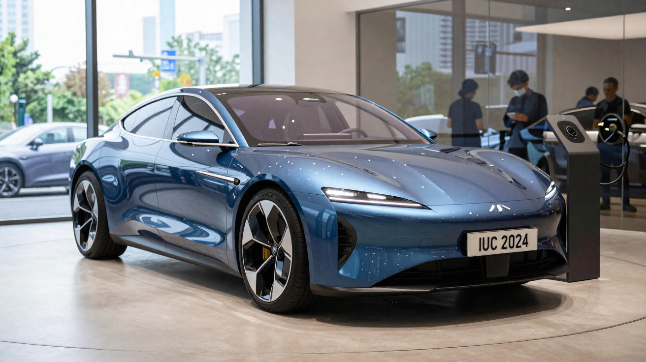Carro elétrico desportivo azul estacionado dentro de uma garagem moderna com vidros grandes.