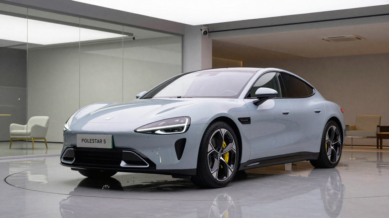 Carro elétrico cinzento Polestar 5 exibido em sala moderna com cadeiras ao fundo.