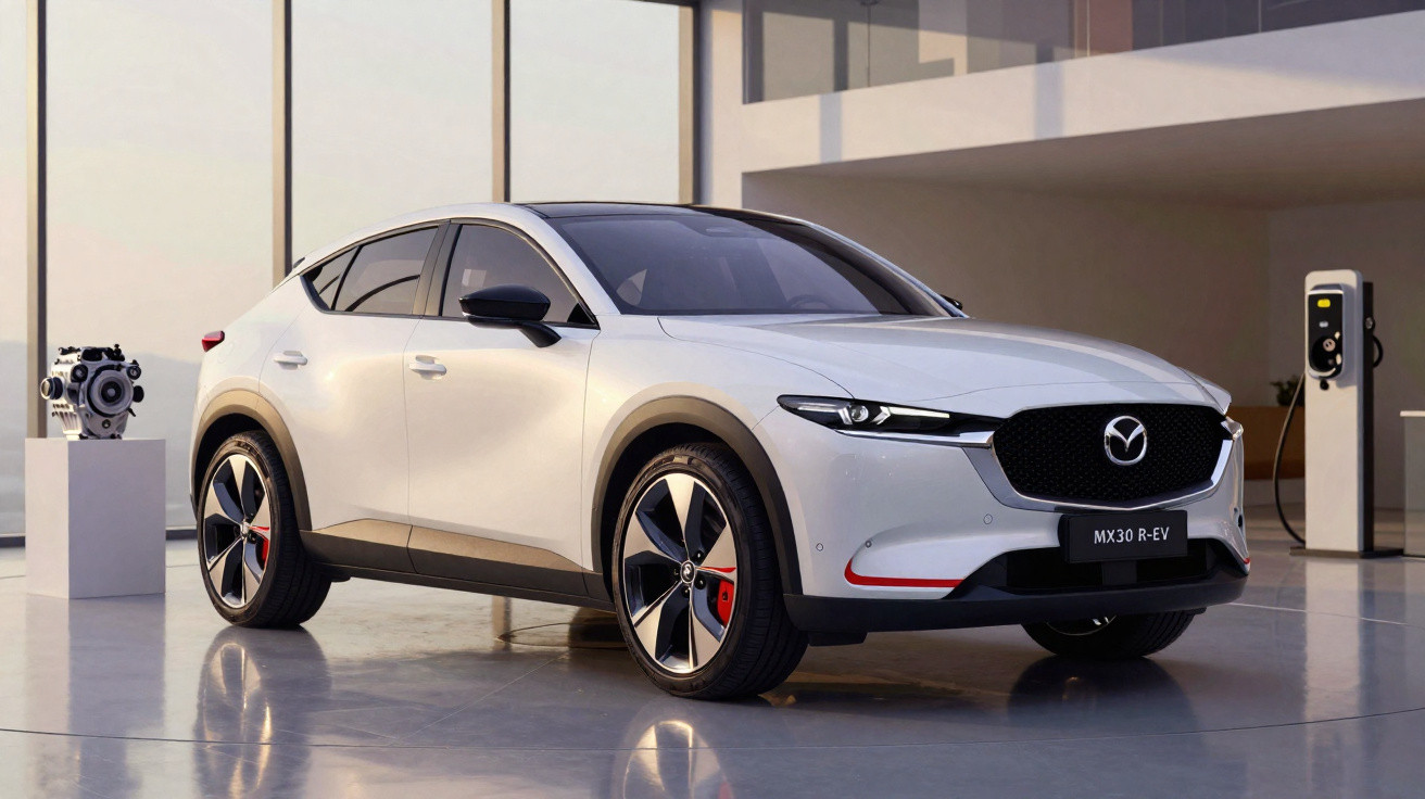 Carro elétrico Mazda MX-30 R-EV branco exibido em ambiente moderno com estação de carregamento e motor ao lado.