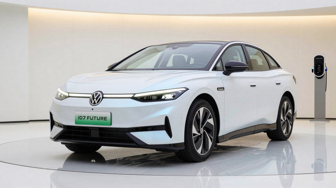 Carro elétrico Volkswagen ID.7 Future branco numa exposição com posto de carregamento ao fundo.