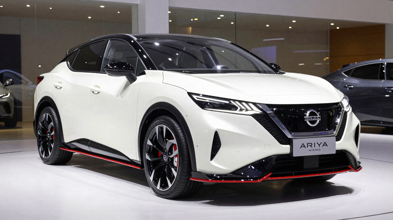Carro elétrico Nissan Ariya Nismo branco com detalhes em vermelho em exposição interior.
