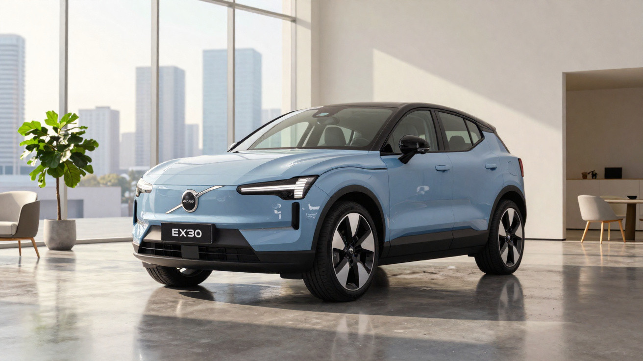 Carro elétrico azul Volvo EX30 estacionado num interior moderno com janelas grandes e vista urbana.