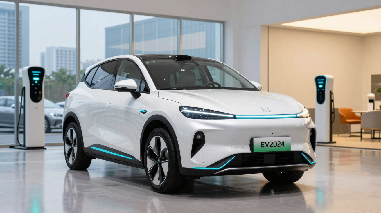 Carro elétrico branco moderno estacionado em showroom com estações de carregamento ao fundo.