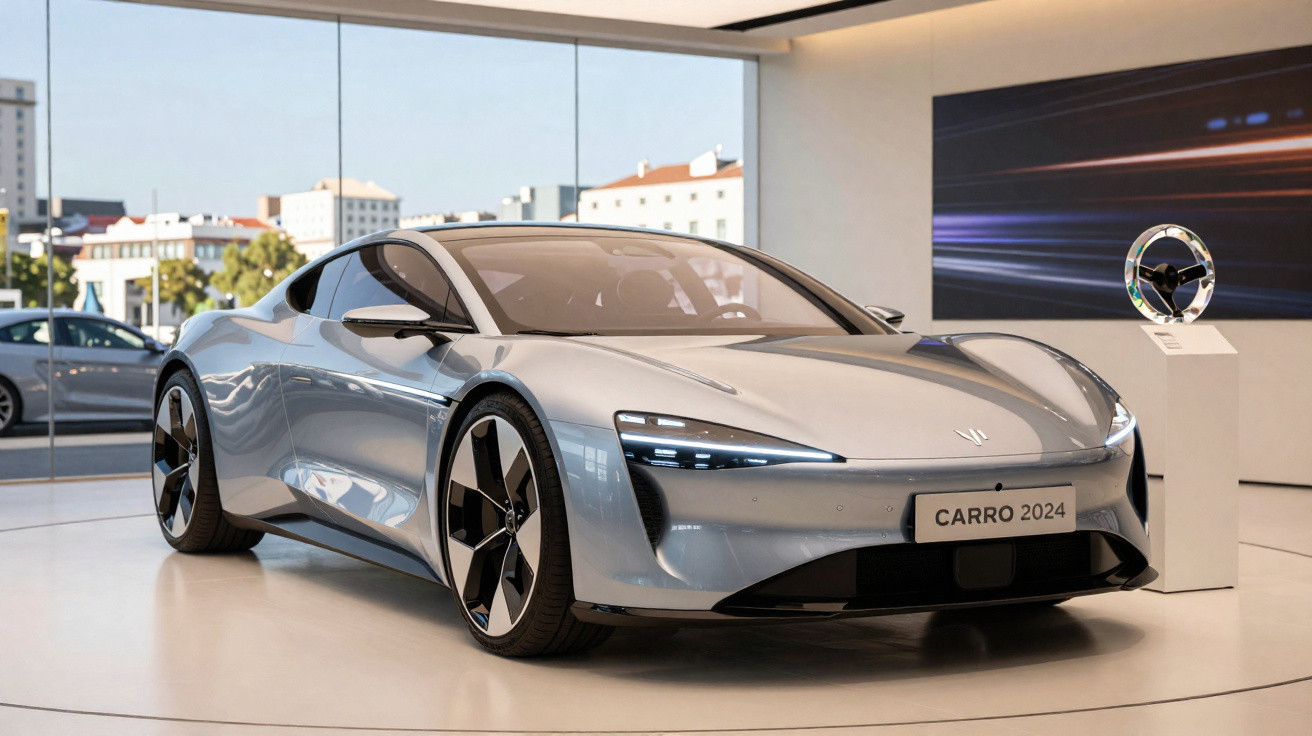Carro desportivo prateado futurista exposto em salão moderno com janelas amplas e logo suspenso.