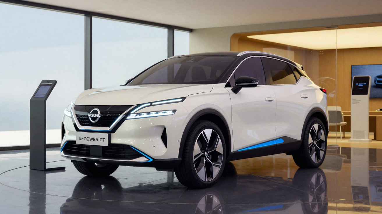 Automóvel elétrico Nissan E-Power PT branco em exposição numa sala moderna com janelas amplas.
