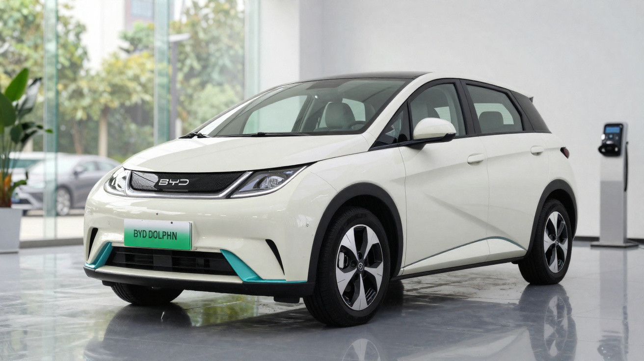 Automóvel elétrico branco BYD Dolphin estacionado em piso interior junto a posto de carregamento.