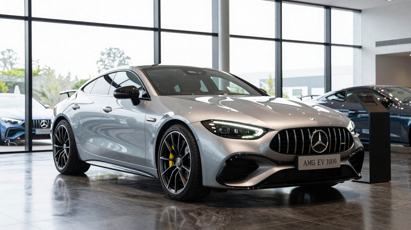 Carro desportivo Mercedes-Benz AMG EV 1000 prateado, com jantes pretas e amarelas, em exposição interior.