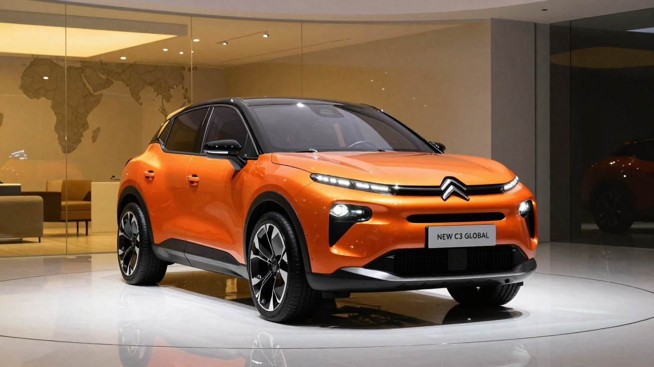 Carro Citroën New C3 Global laranja em exposição num espaço interior moderno.