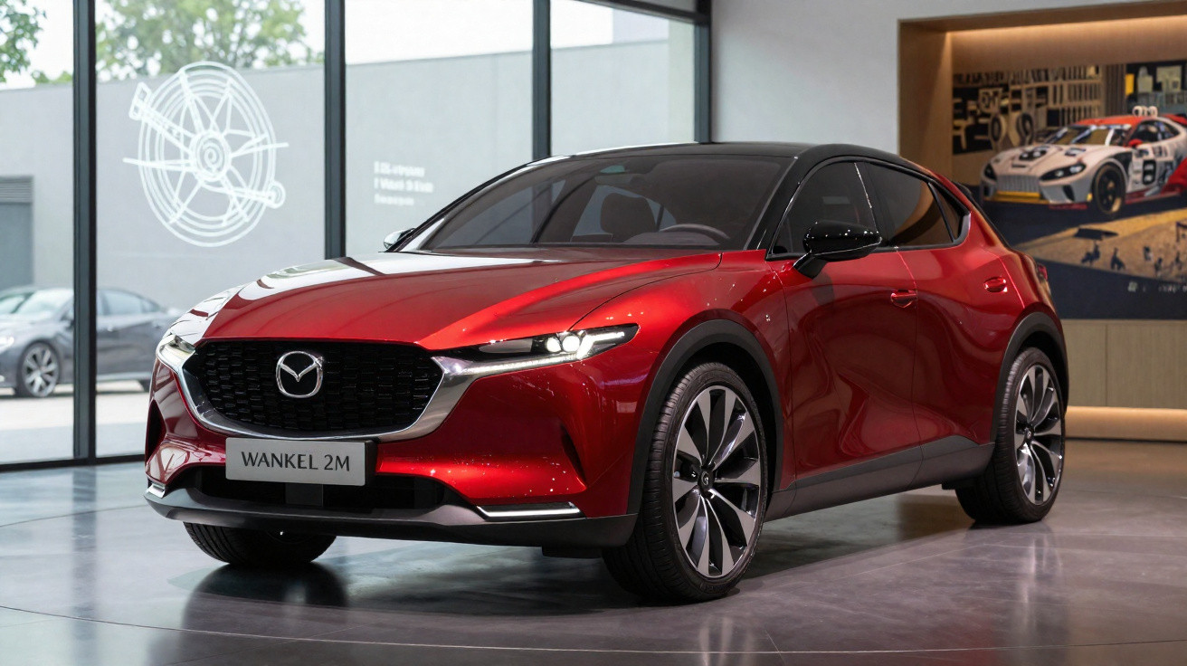 Carro Mazda Wankel 2M vermelho estacionado em salão com janelas grandes e quadro de carros na parede.