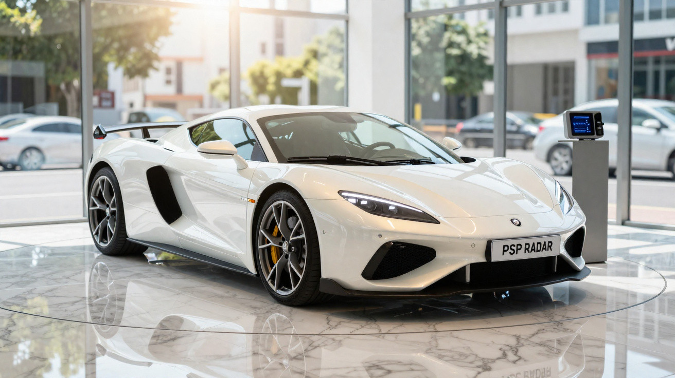 Carro desportivo branco estacionado numa loja com chão de mármore e vidros grandes.