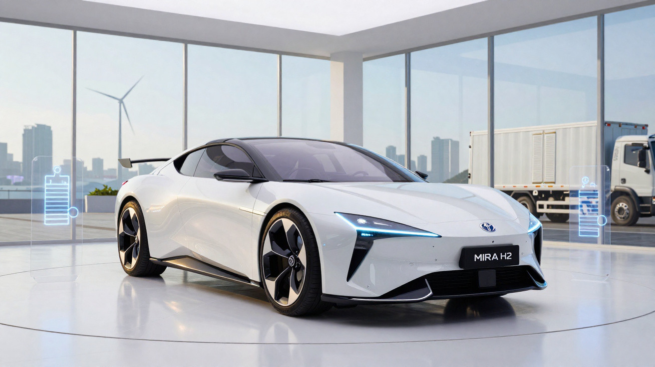 Carro desportivo eléctrico branco Toyota Mira H2 num showroom moderno com janelas amplas e vista para a cidade.
