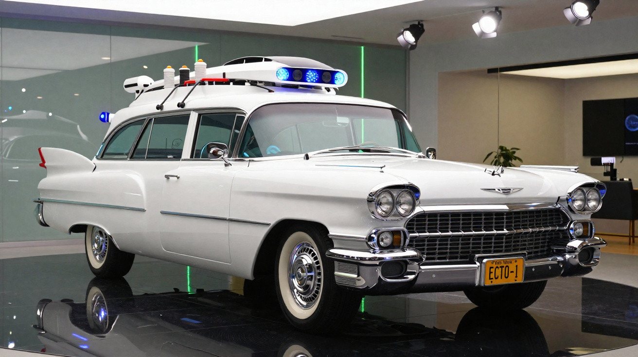 Carro antigo branco dos Caça-Fantasmas com luzes azuis no tejadilho e matrícula ECTO-1 em exposição interior.