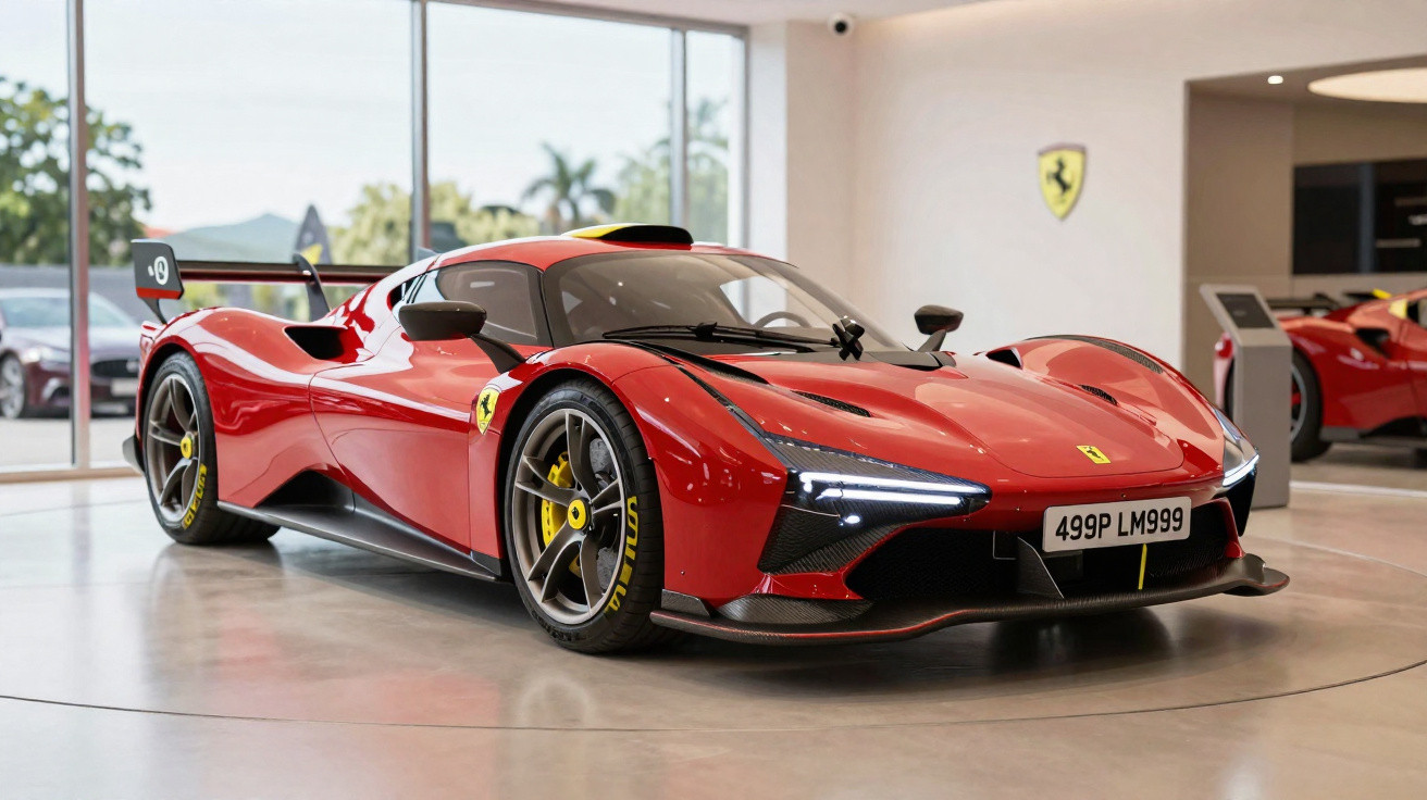 Carro desportivo vermelho Ferrari SF90 Stradale em destaque numa sala de exposição moderna.