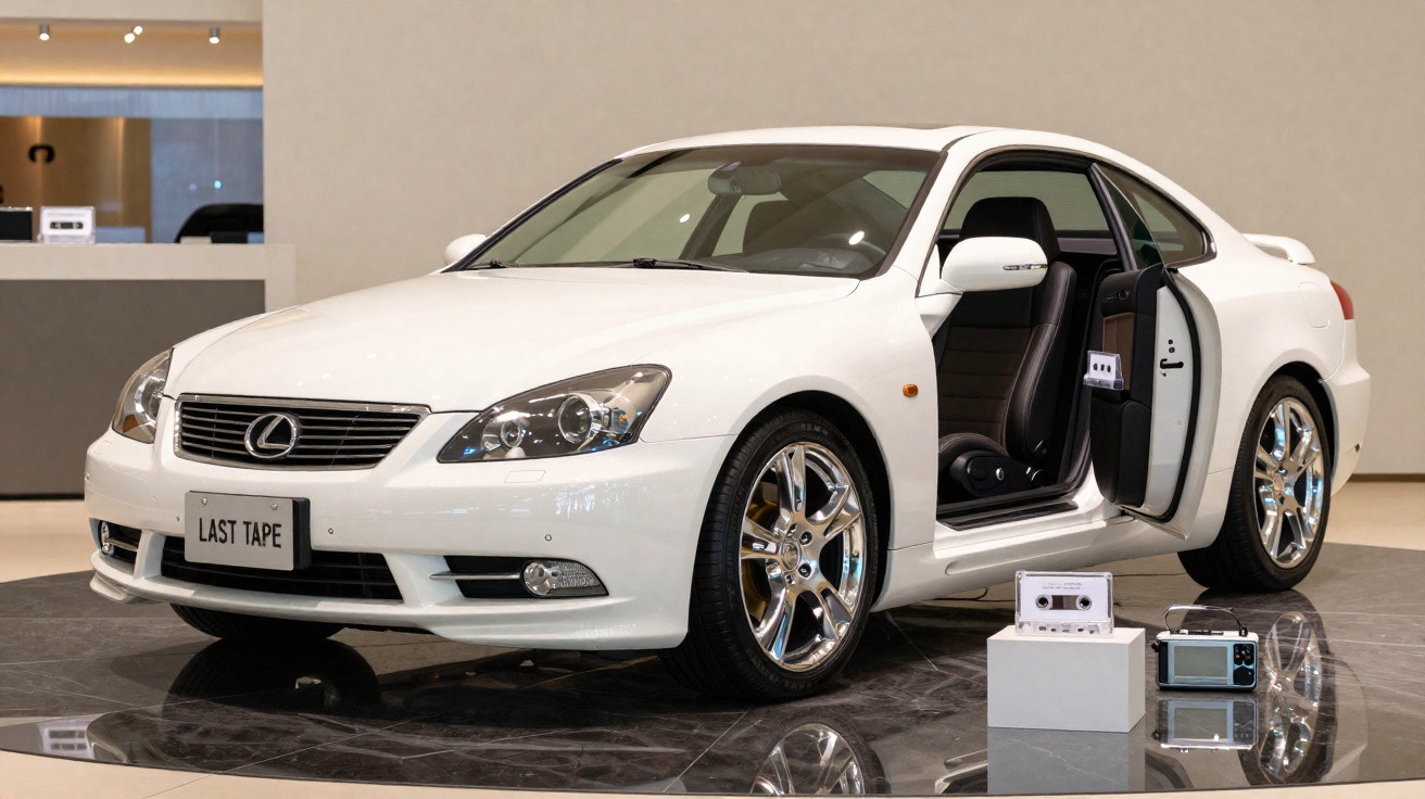 Carro branco Lexus com porta aberta e objetos vintage expostos em redor, incluindo cassetes e rádio.