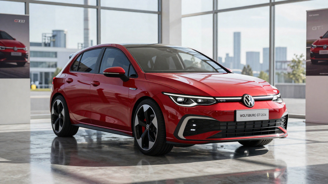 Carro desportivo vermelho Volkswagen GTI 2024 estacionado em ambiente interior moderno com grandes janelas.