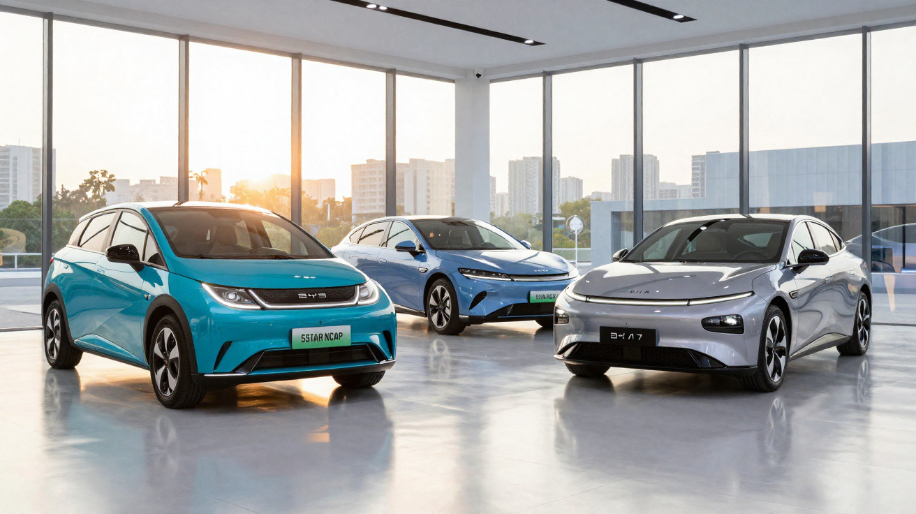 Três carros elétricos BYD em cores azul turquesa, azul claro e cinza expostos em showroom com janela grande.
