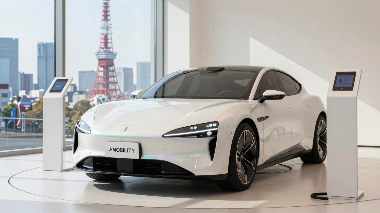 Carro elétrico branco moderno estacionado numa sala com janelas amplas e vista urbana ao fundo.
