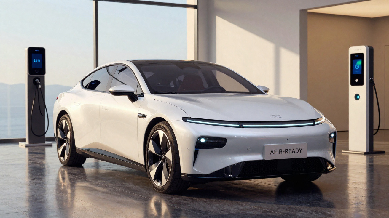 Carro elétrico branco estacionado numa garagem moderna com estações de carregamento ao fundo.