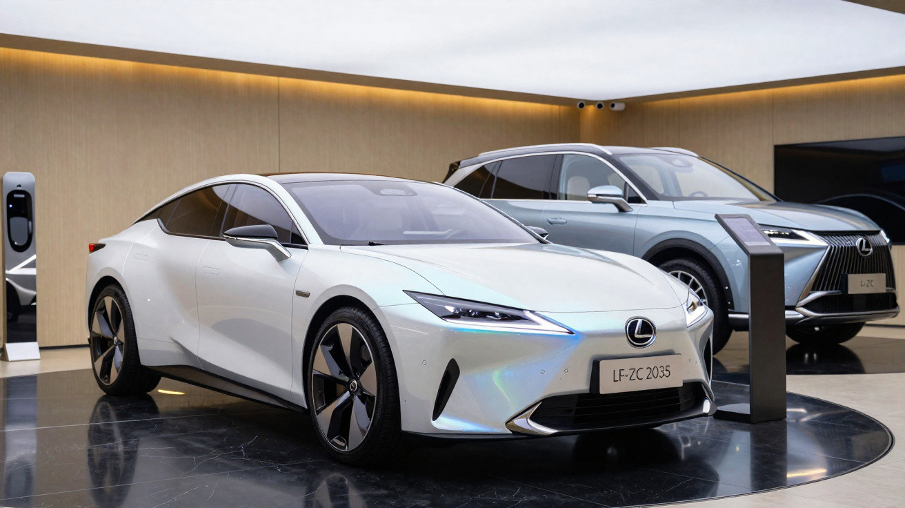 Dois carros elétricos Lexus modernos expostos num showroom com piso brilhante e iluminação suave.