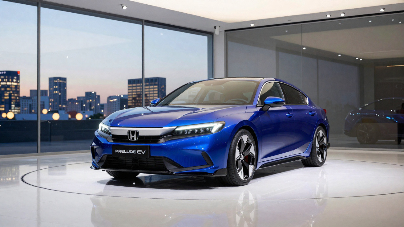 Carro elétrico Honda Prelude EV azul em exposição num espaço moderno com vista para a cidade ao entardecer.
