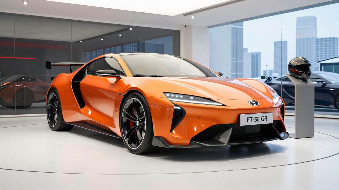 Carro desportivo laranja Toyota FT-SE GR em exposição numa sala moderna com chão branco e parede de vidro.