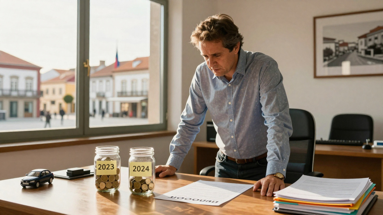 Homem de pé junto a secretária com frascos de moedas rotulados 2023 e 2024, analisando documentos em escritório.