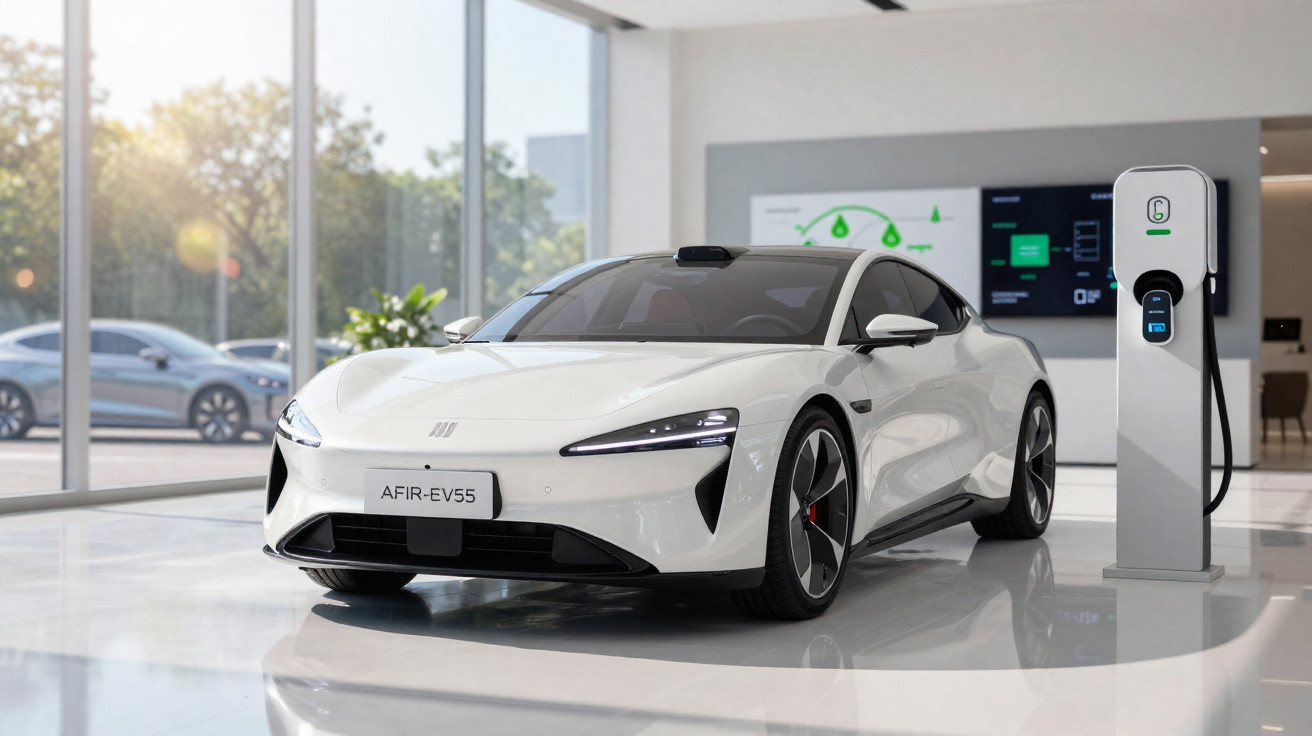 Carro elétrico branco modelo AFIR-EV55 a carregar numa estação de carregamento interior moderna.