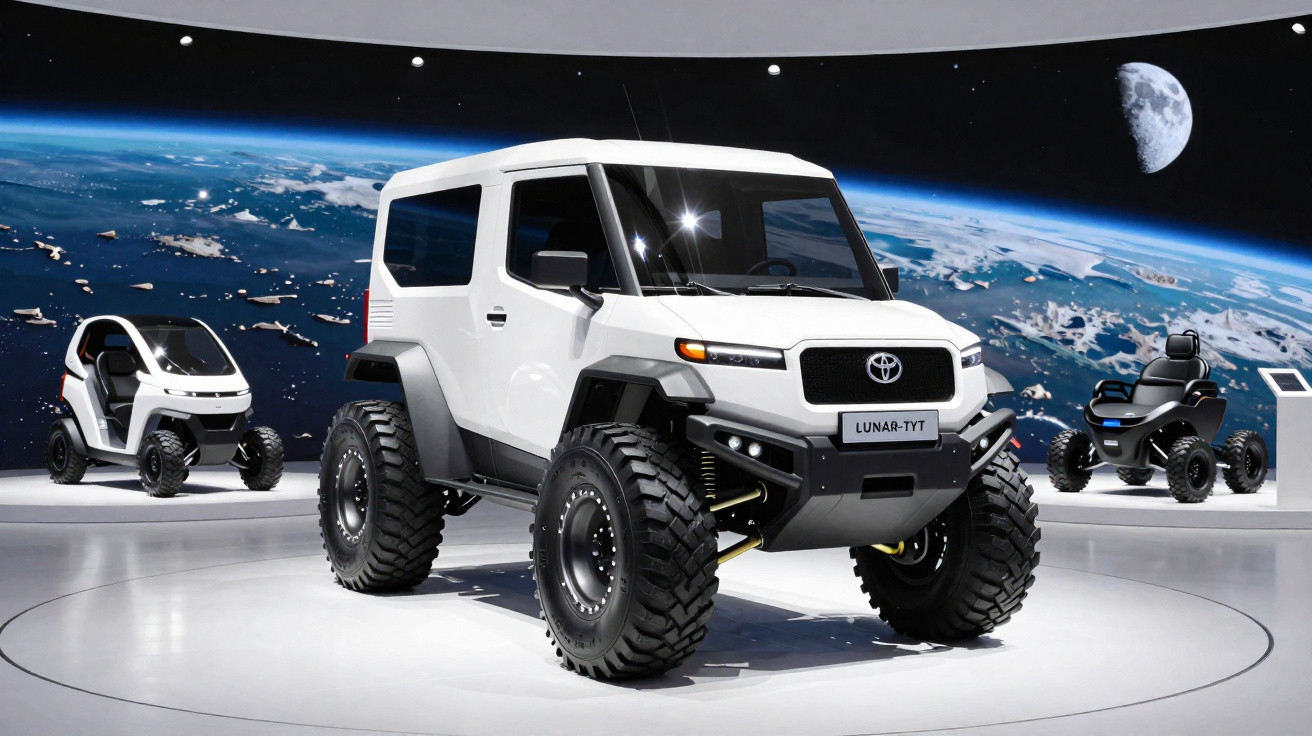 Veículo off-road branco Toyota Lunar-TYT exposto com fundo do espaço e lua visível.
