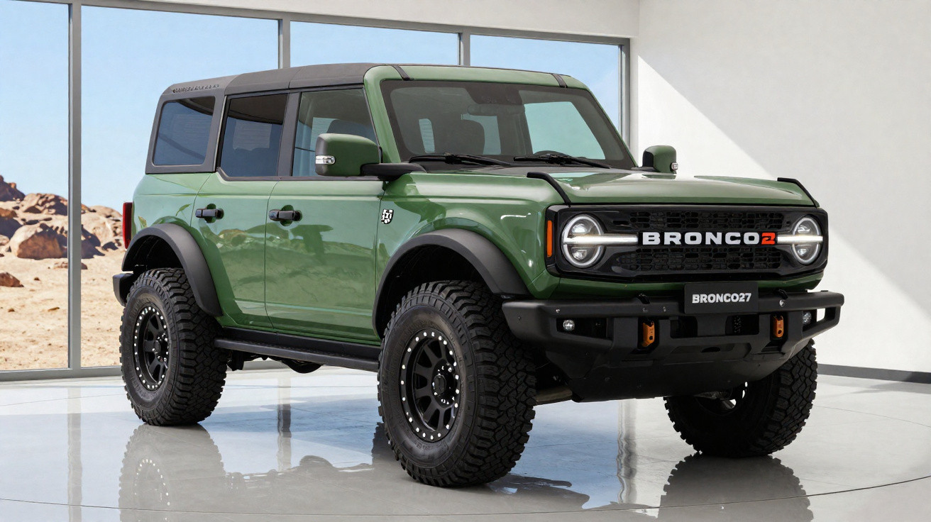 Veículo todo-o-terreno Ford Bronco 2 verde estacionado numa sala moderna com janelas grandes.