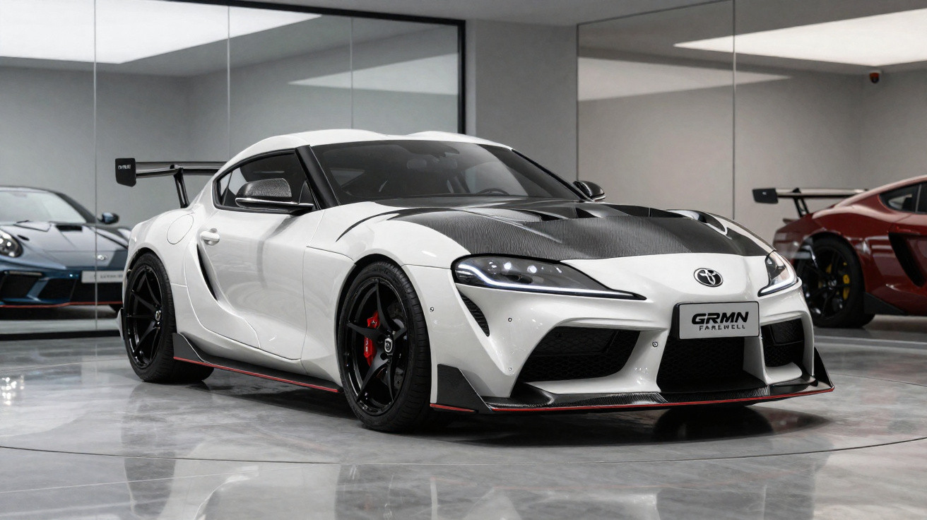 Carro desportivo Toyota GRMN branco com capot em fibra de carbono e spoiler, em garagem moderna com outros carros.