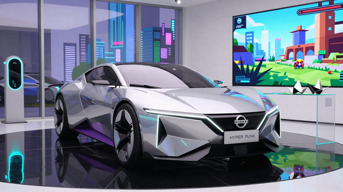 Carro elétrico Nissan Hyper Punk prateado exposto em ambiente futurista com carga elétrica e monitor digital.