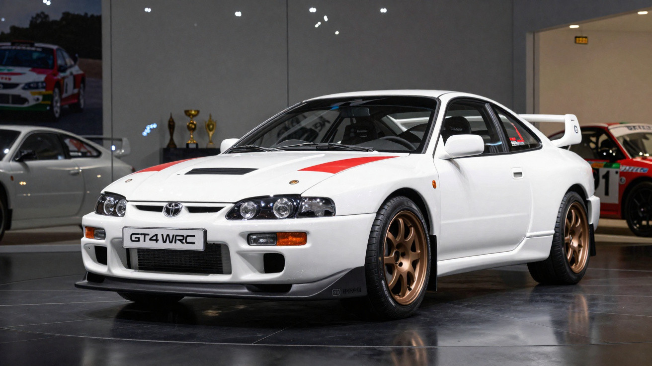Carro desportivo branco Toyota GT4 WRC com detalhes vermelhos e jantes douradas exibido em salão interior.