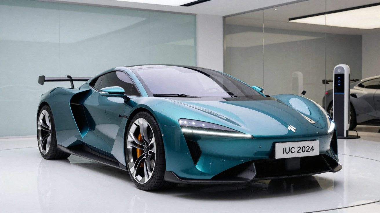 Carro desportivo elétrico azul metálico elétrico estacionado em showroom moderno e minimalista.