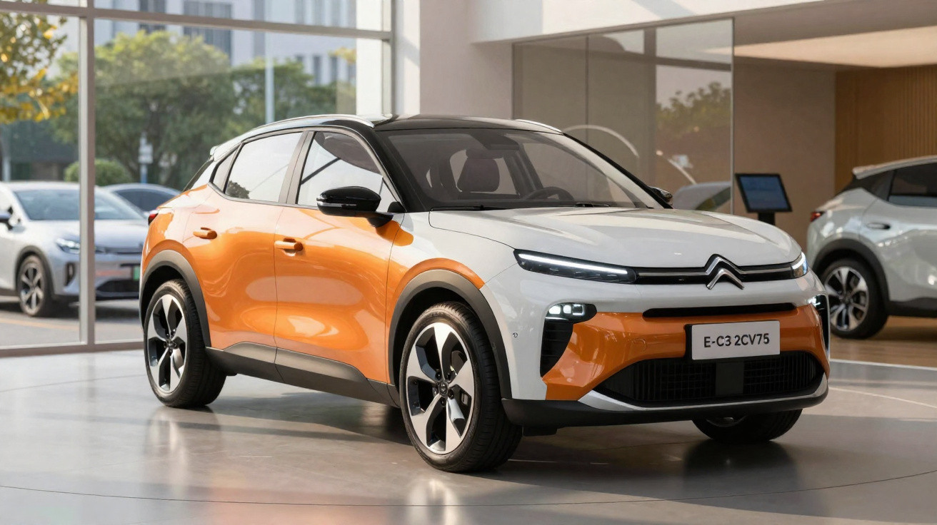 Carro elétrico Citroën E-C3 branco e laranja em exposição num salão moderno.