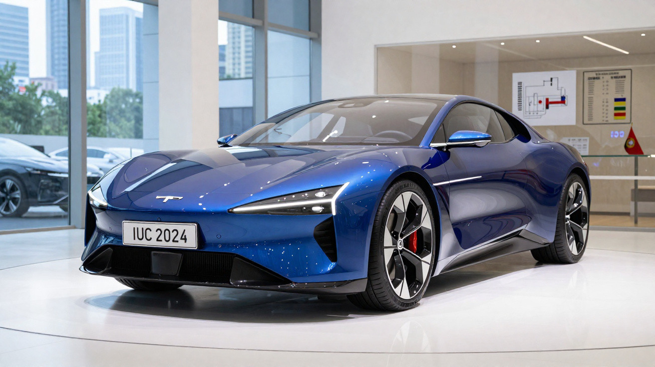Carro desportivo elétrico azul brilhante estacionado em exposição num espaço moderno e luminoso.