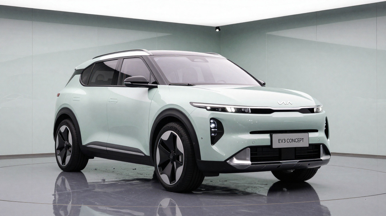 Carro elétrico SUV de cor branca com design futurista mostrado numa sala branca iluminada.