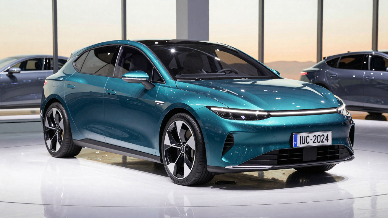 Carro elétrico azul aberto em exposição com faróis dianteiros estreitos e rodas modernas.