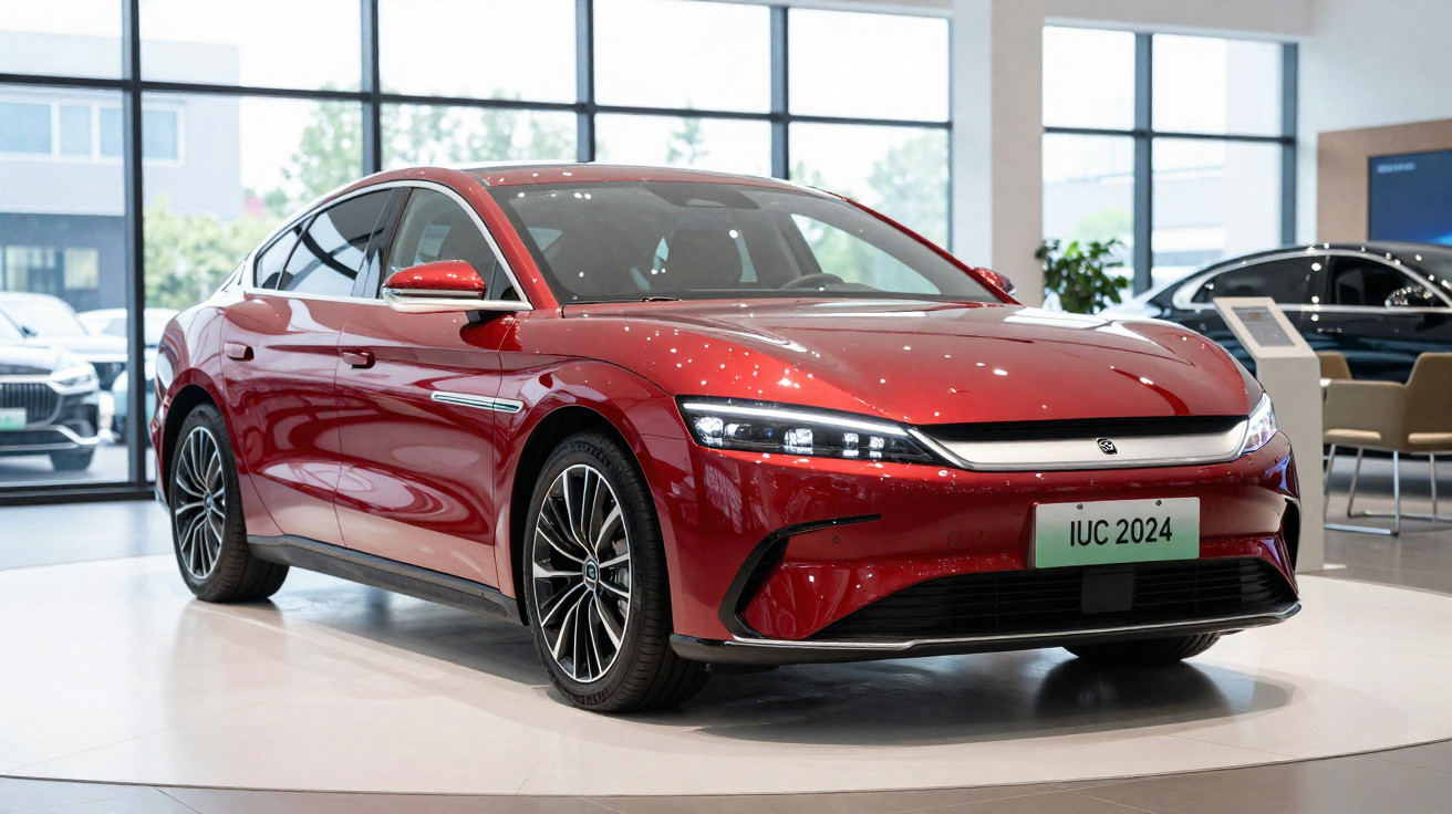 Carro sedan elétrico vermelho 2024 em exposição dentro de concessionária moderna com janelas amplas.