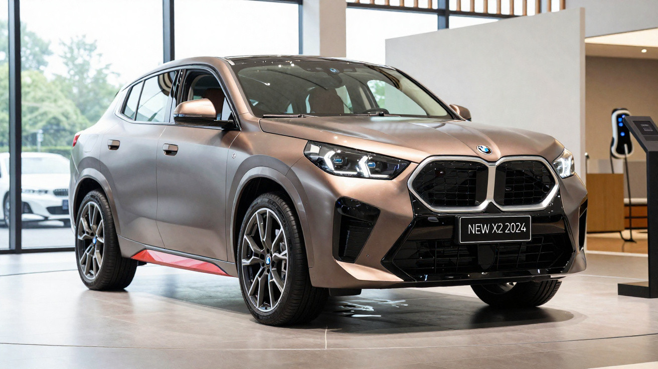 Automóvel BMW X2 2024 cinzento em exposição num showroom moderno com piso claro.