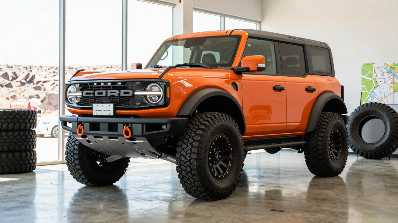 SUV off-road laranja com pneus grandes exposto num espaço interior moderno e luminoso.