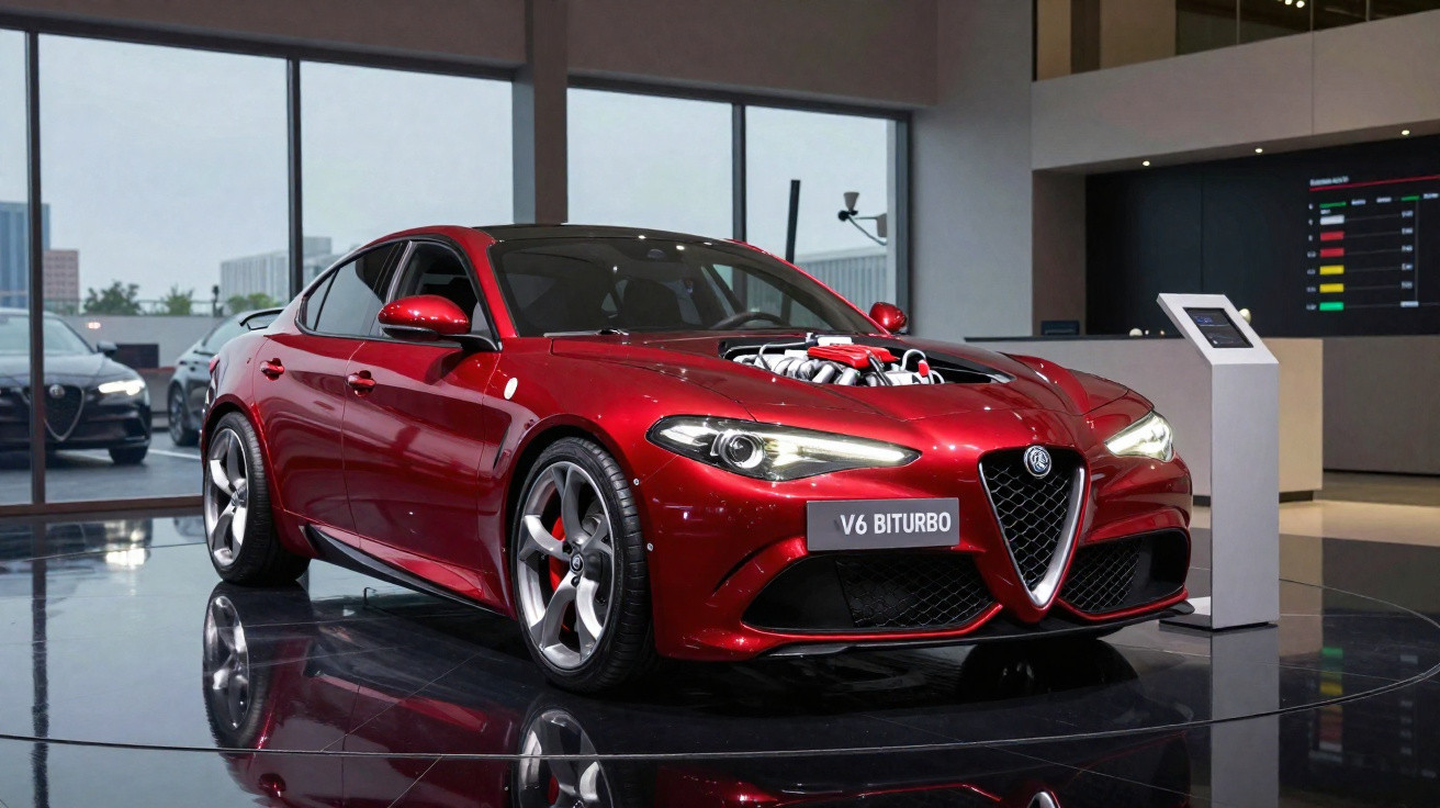 Carro desportivo Alfa Romeo vermelho com motor V6 Biturbo exposição interior com piso espelhado.