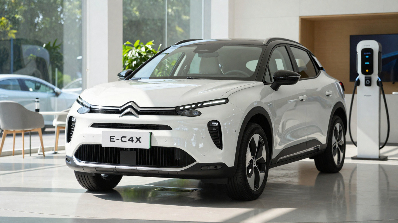 Carro elétrico Citroën E-C4X branco estacionado numa área de carregamento interior.