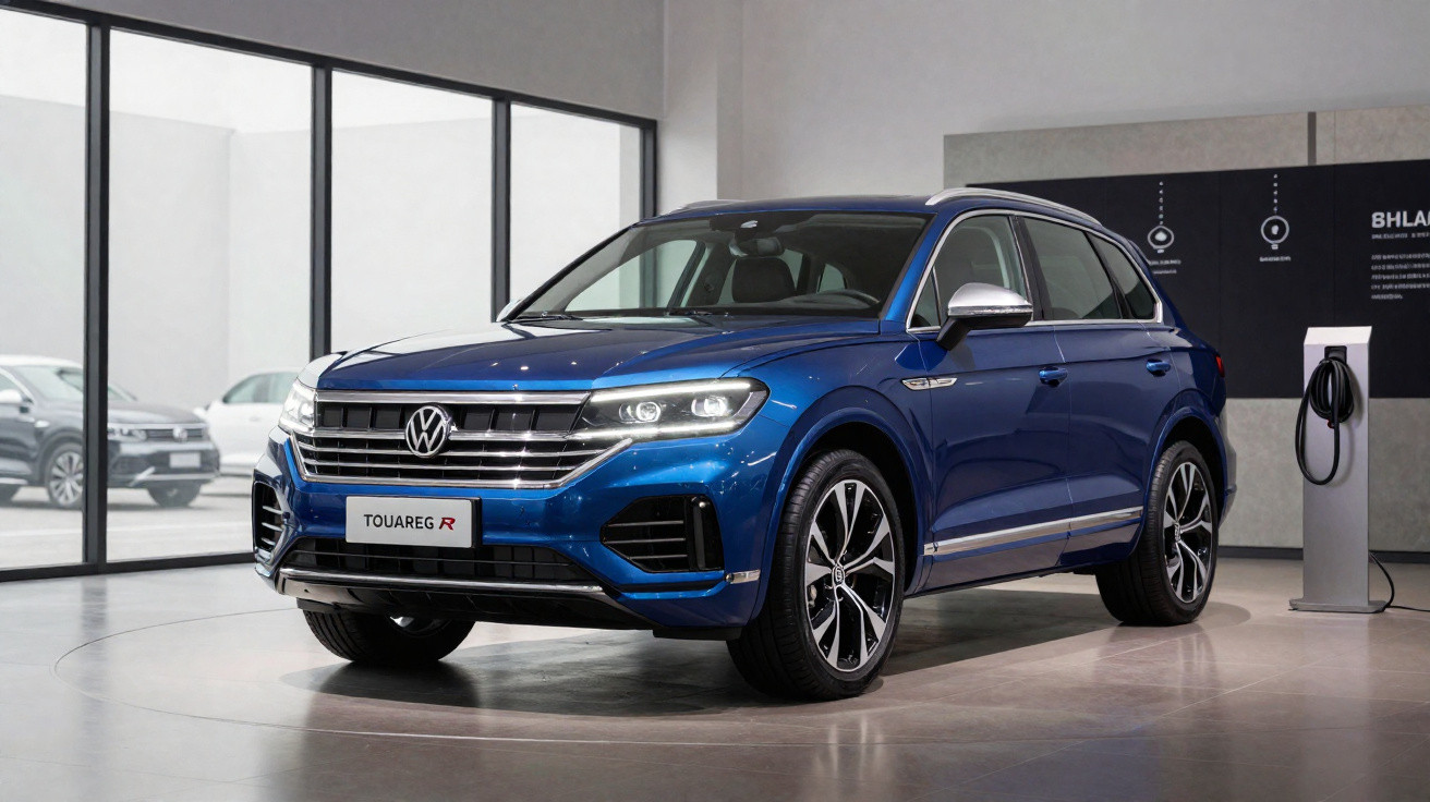 Carro SUV Volkswagen Touareg R azul exibido em salão moderno com paredes cinzentas e grande janela de vidro.