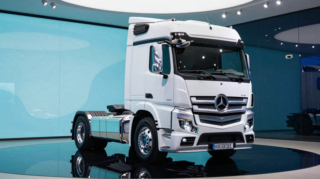 Camião branco Mercedes-Benz exposto num salão com luzes focais e fundo azul claro.